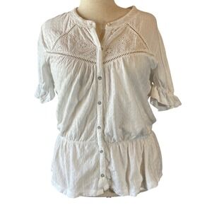 North Star Eyelet Embroidered Peplum Blouse White Button Front Size L